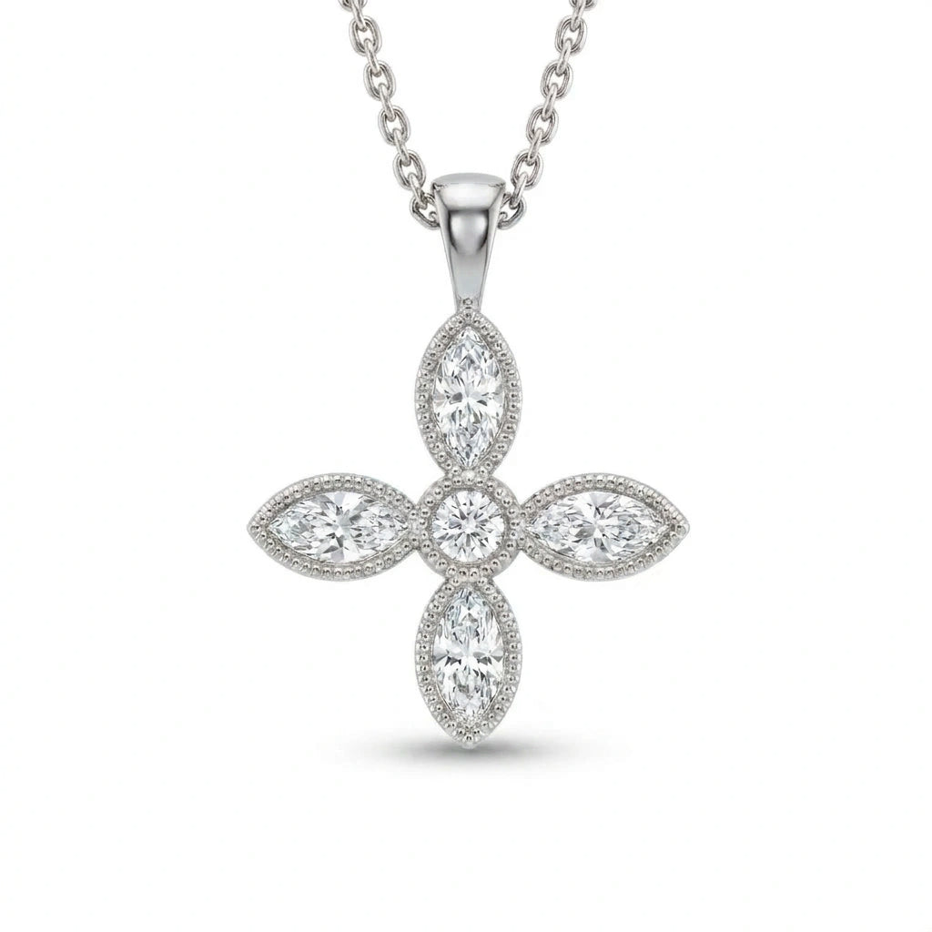 Marquise-cut Lab-Grown Diamond flower cross pendant with a round center and milgrain edge in 14K white gold on a cable chain, front view — Black Pearl of Queens