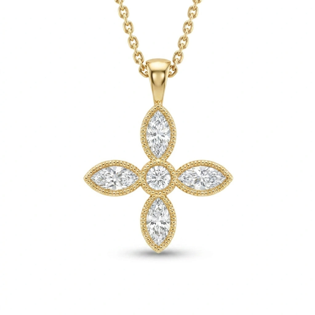 Marquise-cut Lab-Grown Diamond flower cross pendant with a round center and milgrain edge in 14K yellow gold on a cable chain, front view — Black Pearl of Queens