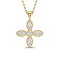 Marquise-cut Lab-Grown Diamond flower cross pendant with a round center and milgrain edge in 14K yellow gold on a cable chain, front view — Black Pearl of Queens