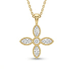 Marquise-cut Lab-Grown Diamond flower cross pendant with a round center and milgrain edge in 14K yellow gold on a cable chain, front view — Black Pearl of Queens