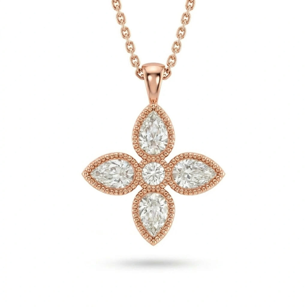 Pear-cut Lab-Grown Diamond flower pendant with a round center and milgrain edge in 14K rose gold on a cable chain, front view — Black Pearl of Queens