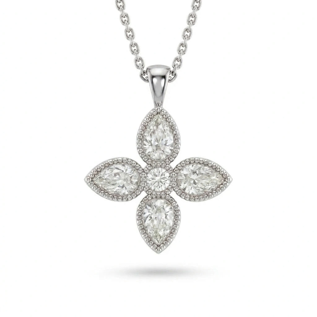 Pear-cut Lab-Grown Diamond flower pendant with a round center and milgrain edge in 14K white gold on a cable chain, front view — Black Pearl of Queens