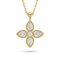 Pear-cut Lab-Grown Diamond flower pendant with a round center and milgrain edge in 14K yellow gold on a cable chain, front view — Black Pearl of Queens
