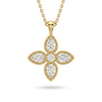 Pear-cut Lab-Grown Diamond flower pendant with a round center and milgrain edge in 14K yellow gold on a cable chain, front view — Black Pearl of Queens