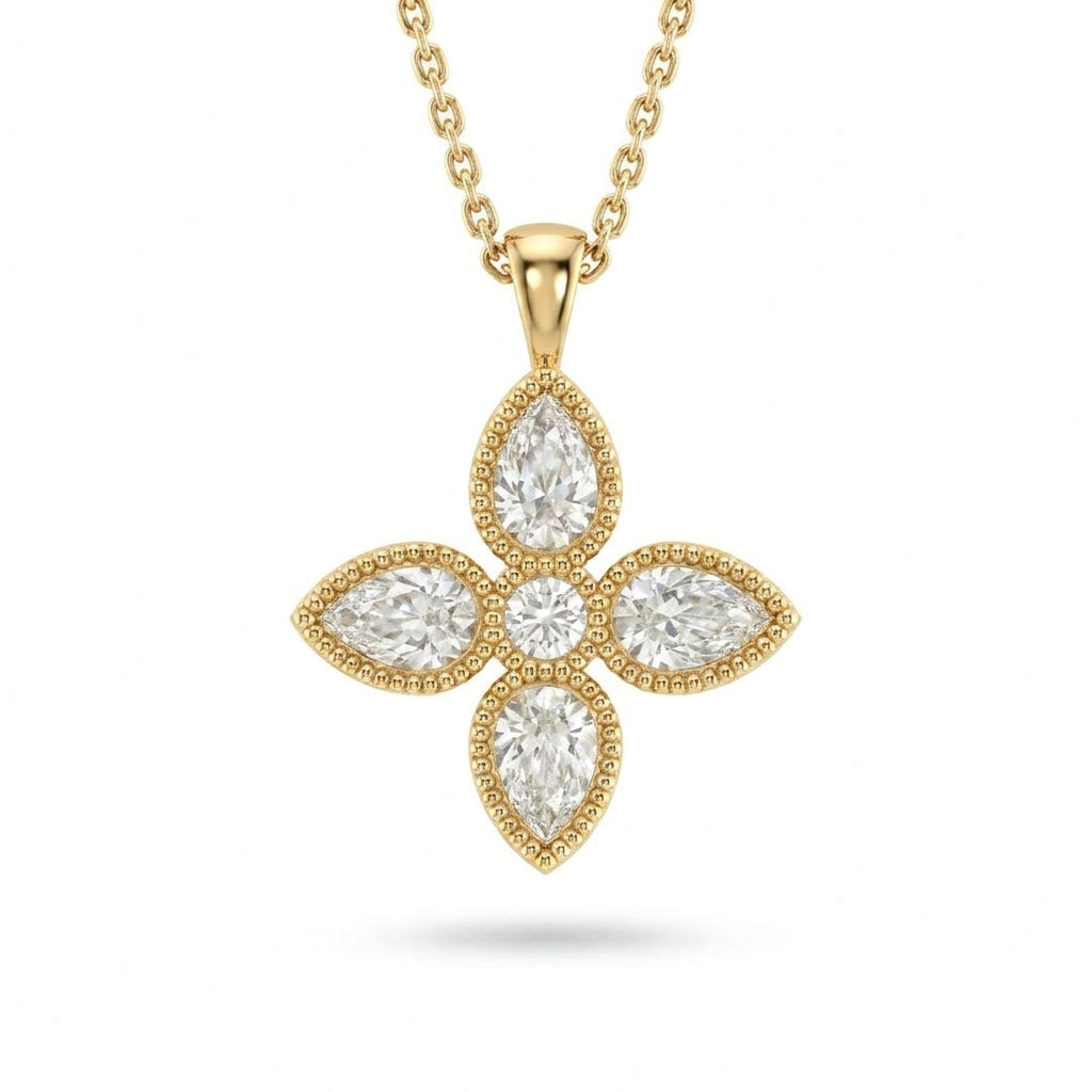 Pear-cut Lab-Grown Diamond flower pendant with a round center and milgrain edge in 14K yellow gold on a cable chain, front view — Black Pearl of Queens