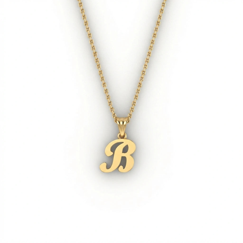 BPQ Script Initial Necklace in solid 14K yellow gold, letter B pendant, minimalist personalized jewelry