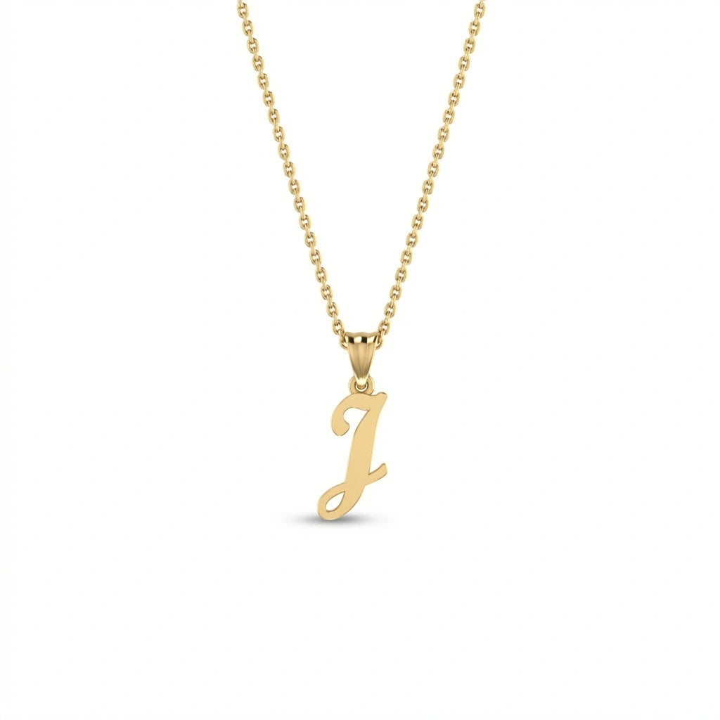 BPQ Script Initial Necklace in solid 14K yellow gold, letter J pendant, minimalist personalized jewelry
