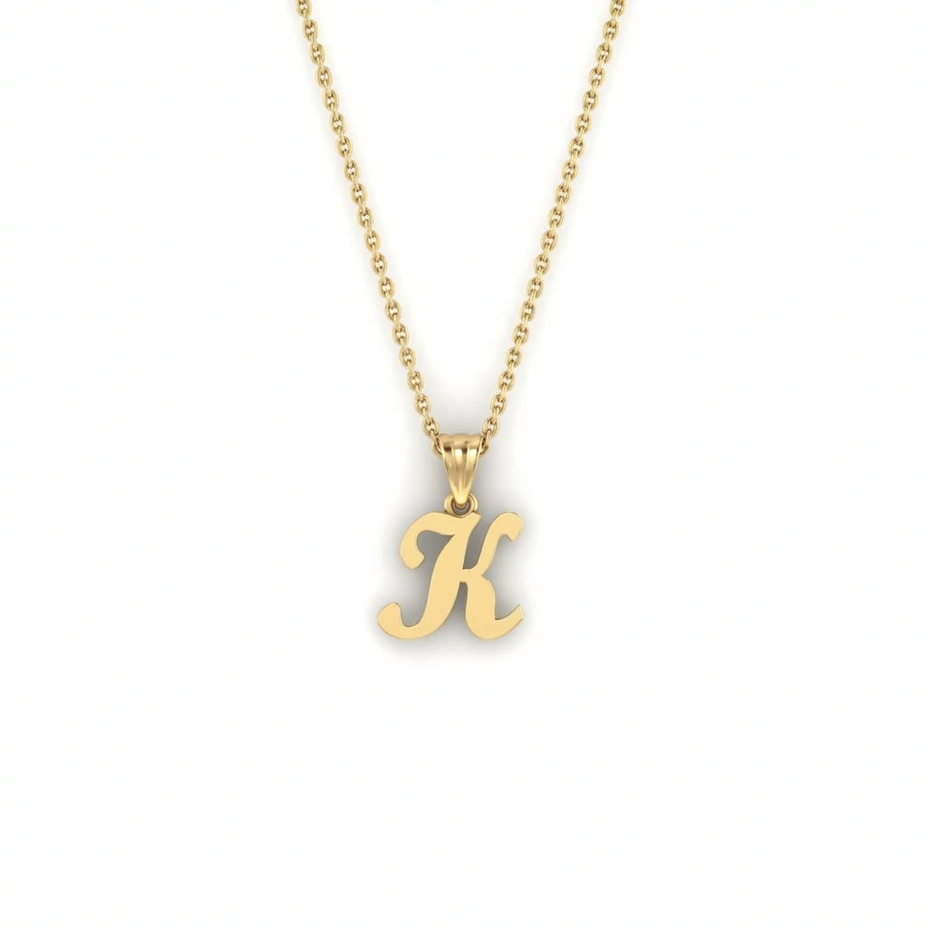 BPQ Script Initial Necklace in solid 14K yellow gold, letter K pendant, minimalist personalized jewelry