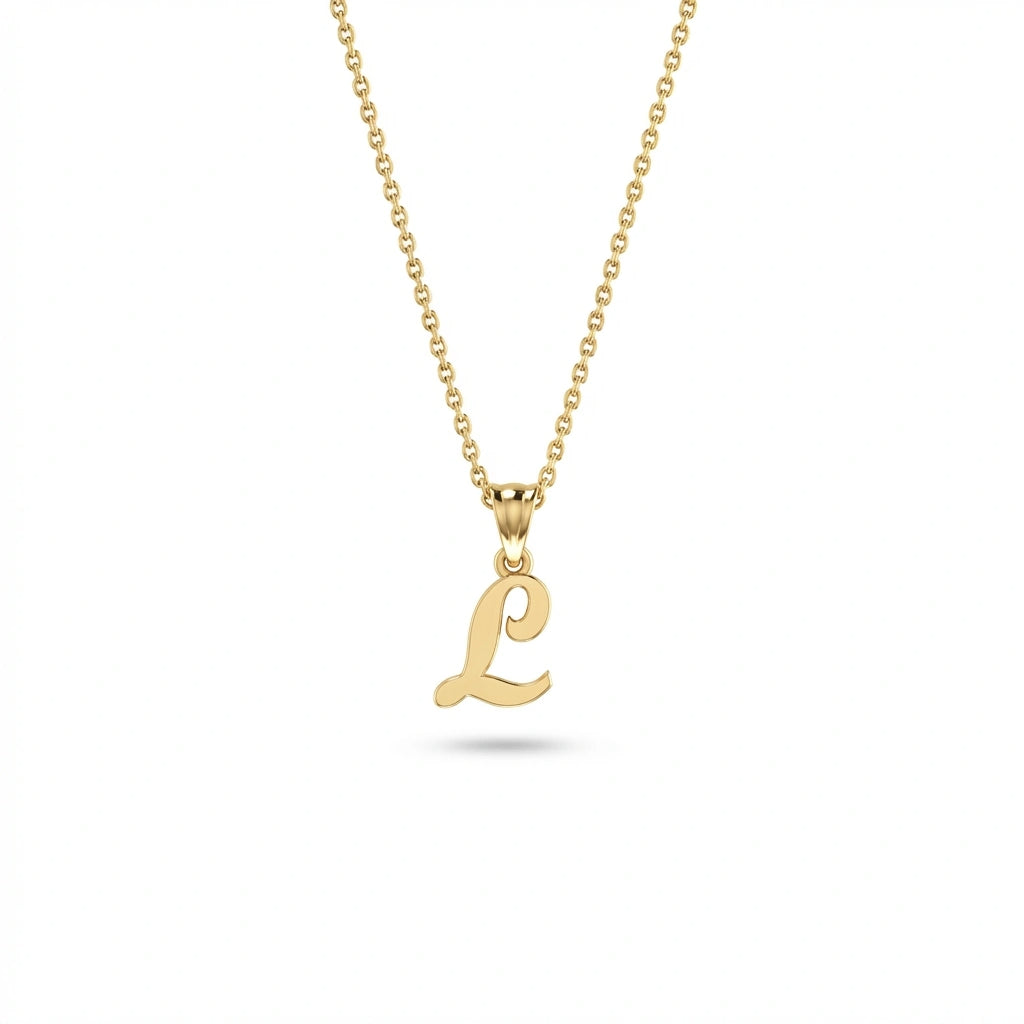 BPQ Script Initial Necklace in solid 14K yellow gold, letter L pendant, minimalist personalized jewelry