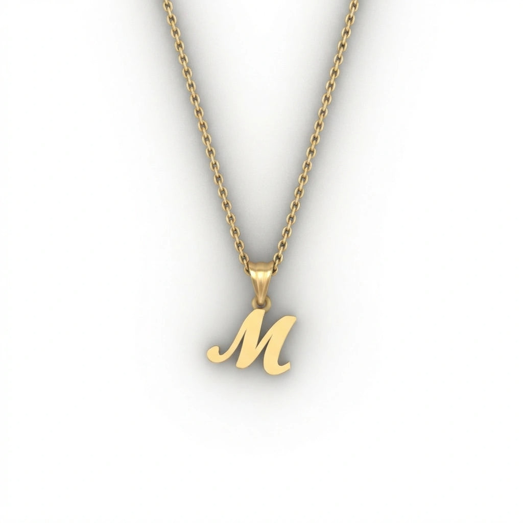 BPQ Script Initial Necklace in solid 14K yellow gold, letter M pendant, minimalist personalized jewelry