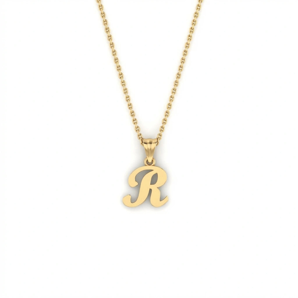 BPQ Script Initial Necklace in solid 14K yellow gold, letter R pendant, minimalist personalized jewelry