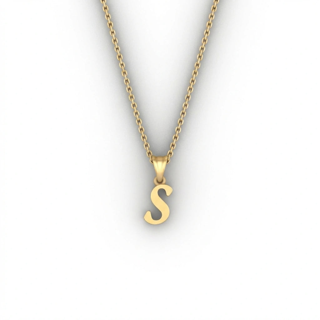 BPQ Script Initial Necklace in solid 14K yellow gold, letter S pendant, minimalist personalized jewelry