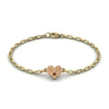 Brownstone champagne diamond heart bracelet in 14K brown gold heart charm with engraved initials on yellow gold paper clip chain — signature Brownstone alloy