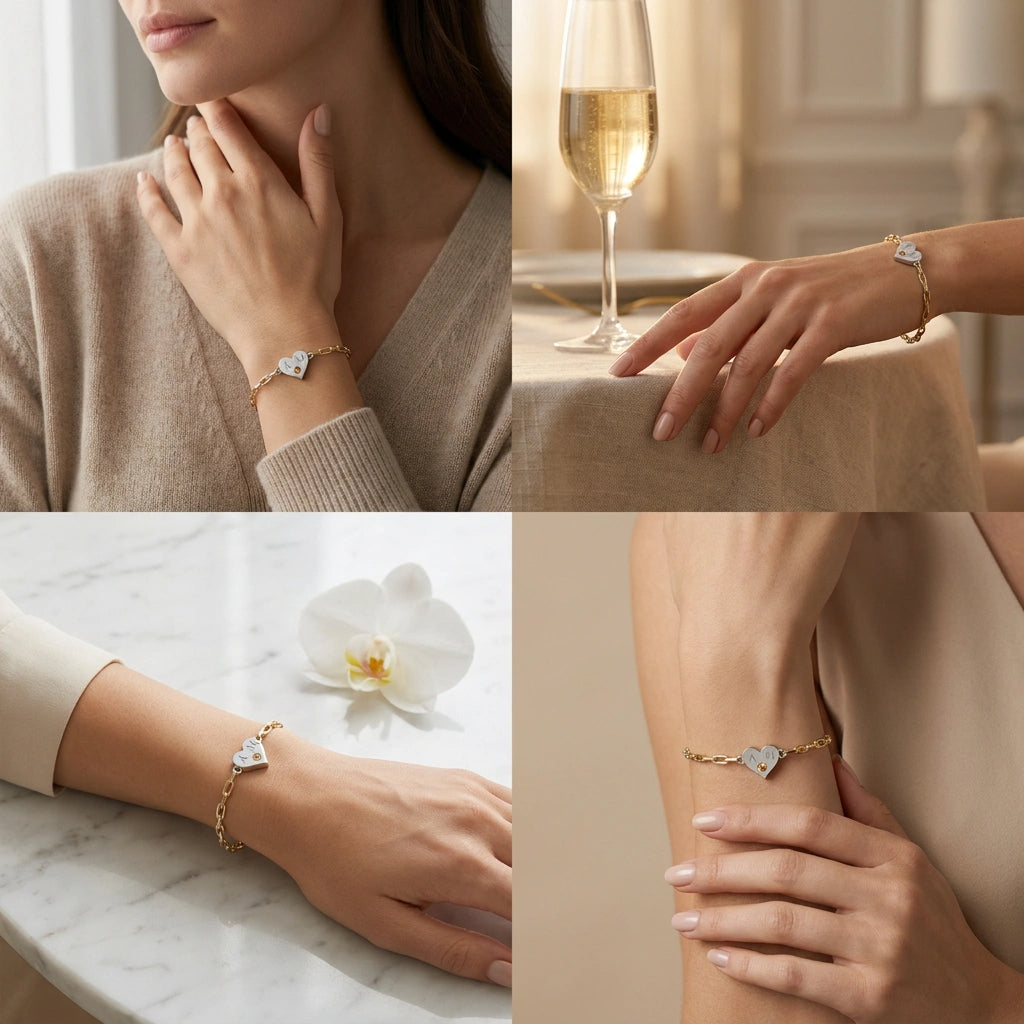 Four lifestyle views of the Brownstone champagne diamond heart bracelet worn on wrist in warm interior settings — champagne glass, marble table, and natural light