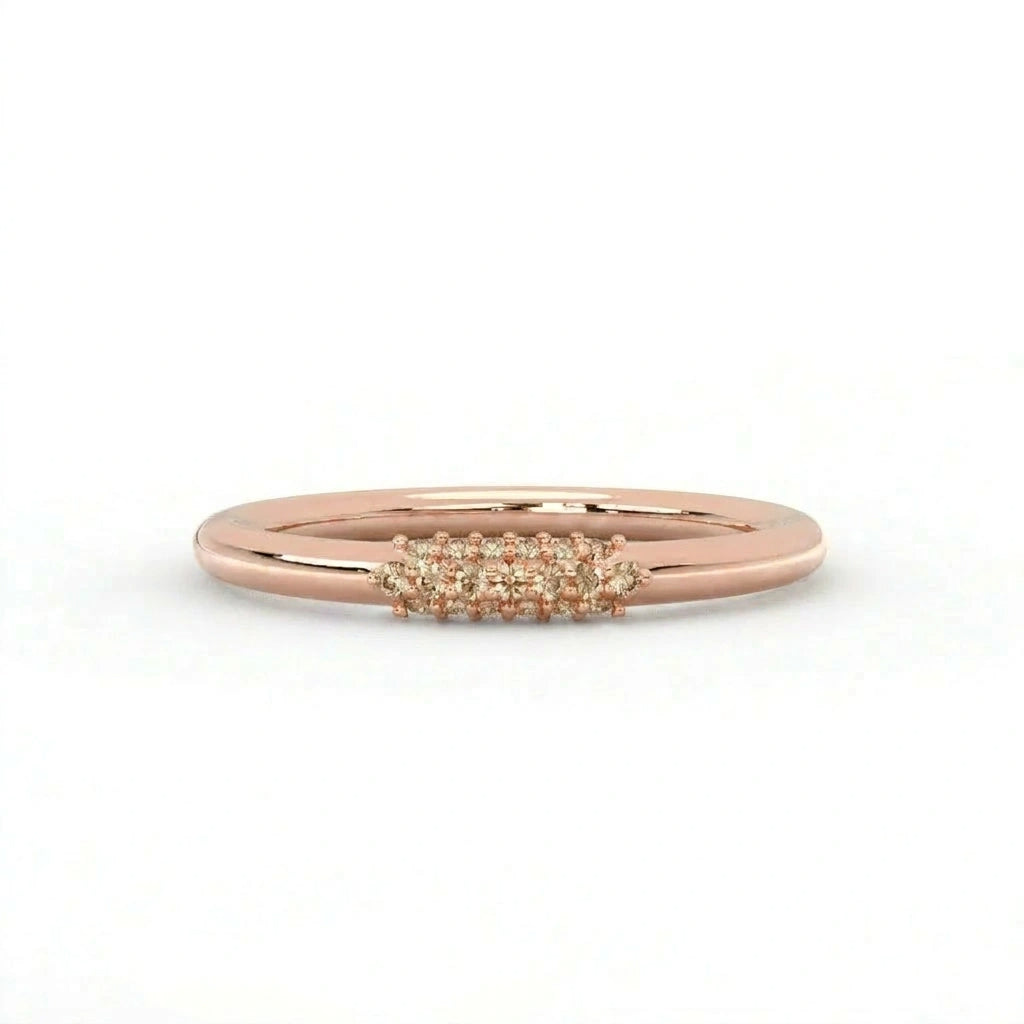 Natural champagne diamond pavé cluster band ring in 14K rose gold, front view — Black Pearl of Queens