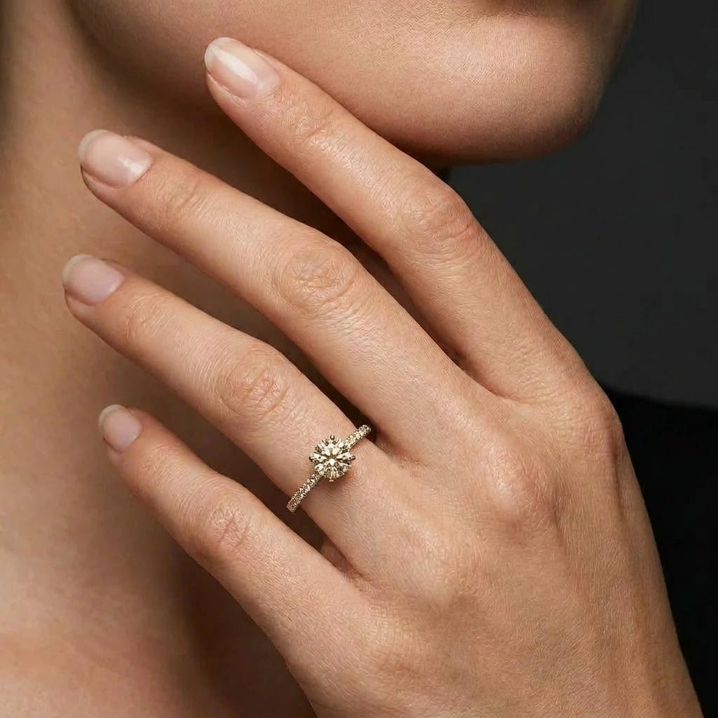 Champagne diamond pavé engagement ring in 14K yellow gold worn on hand — Black Pearl of Queens
