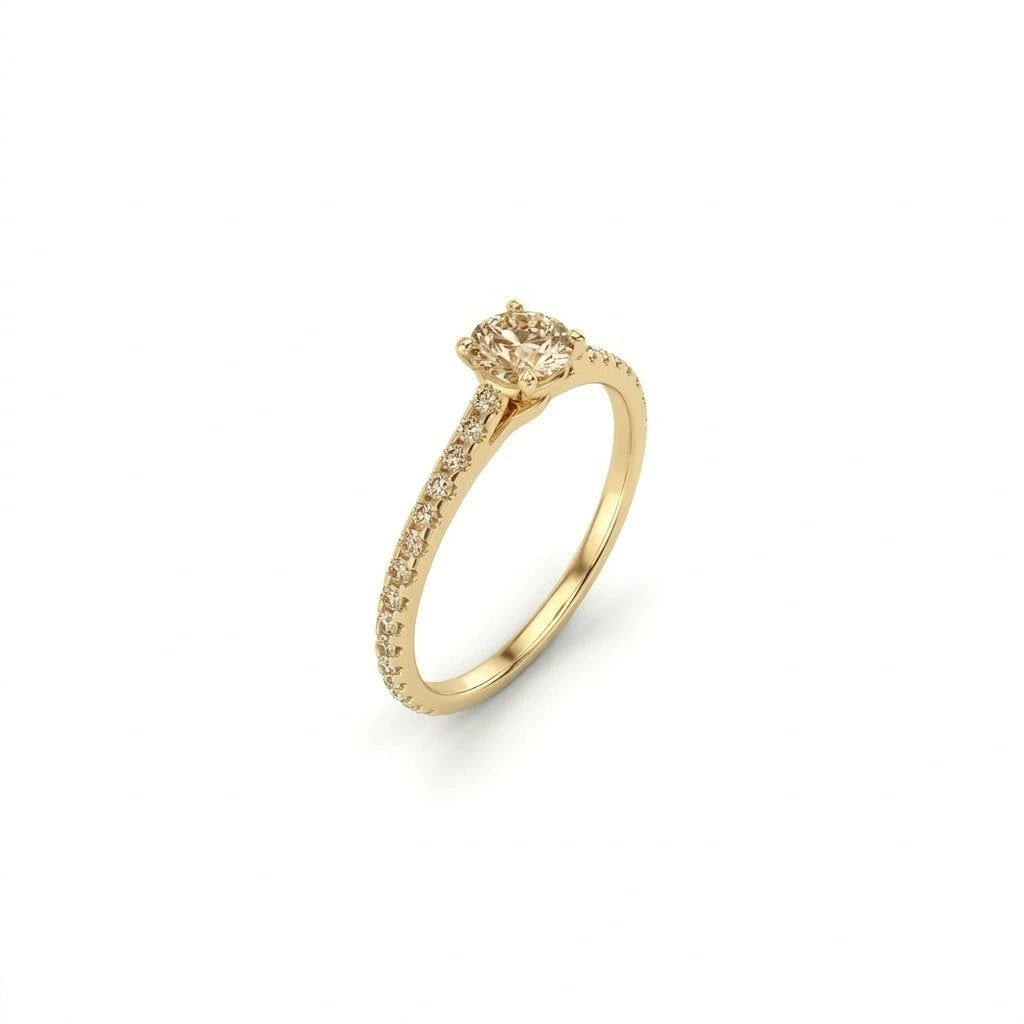 Champagne diamond pavé engagement ring in 14K yellow gold, three-quarter angle — Black Pearl of Queens