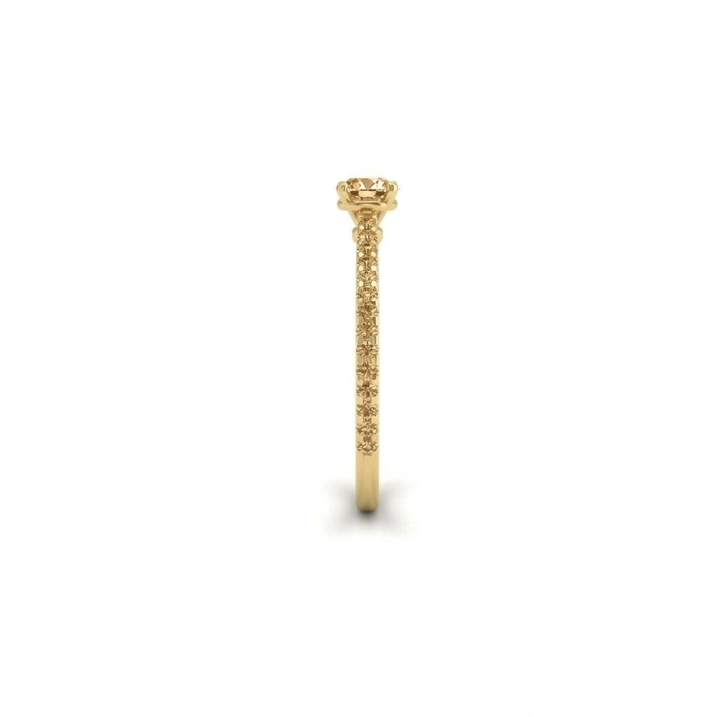 Champagne diamond pavé engagement ring in 14K yellow gold, side profile showing pavé band — Black Pearl of Queens
