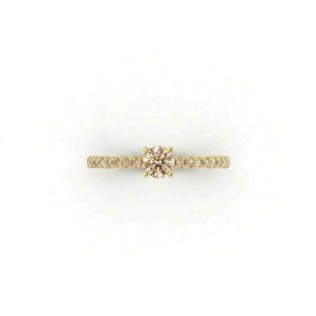 Champagne diamond pavé engagement ring in 14K yellow gold, top-down view — Black Pearl of Queens