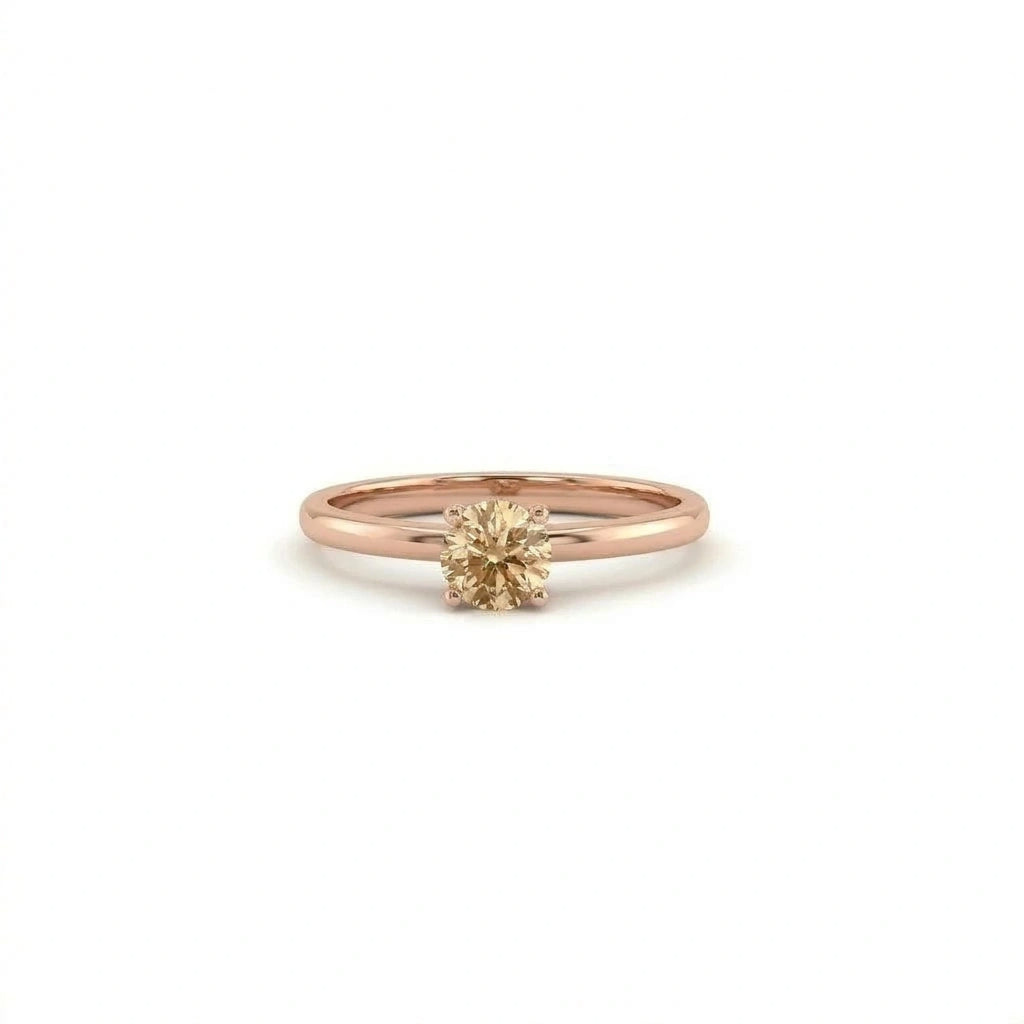 Round natural champagne diamond solitaire engagement ring in 14K rose gold, front view — Black Pearl of Queens