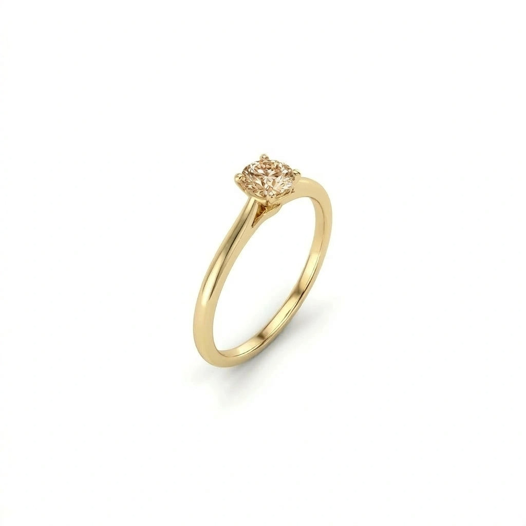 Champagne diamond solitaire engagement ring in 14K yellow gold, three-quarter angle — Black Pearl of Queens