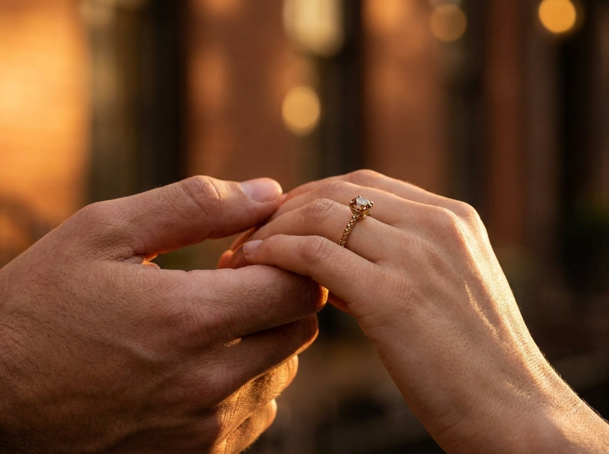 Man placing a cognac diamond solitaire engagement ring with pavé band onto a woman's finger at golden hour — Brownstone Collection by Black Pearl of Queens