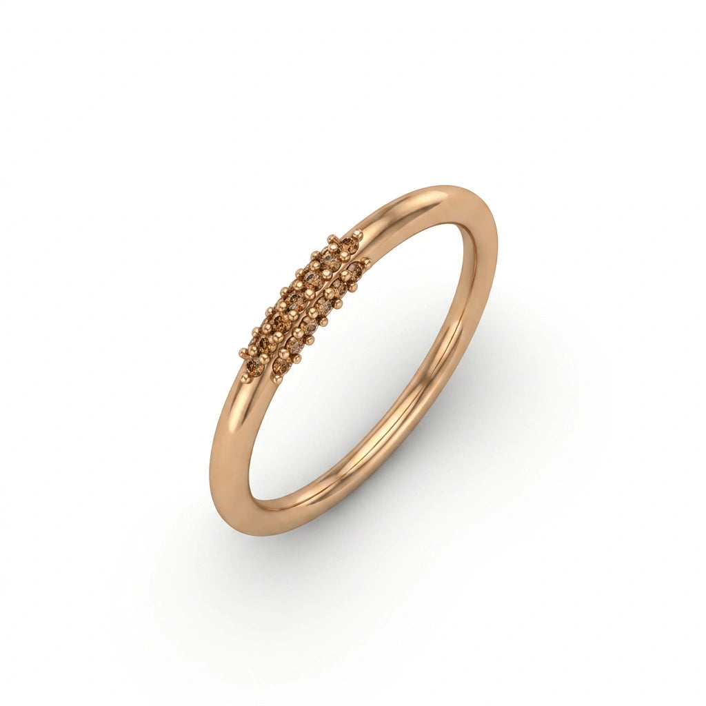 Cognac diamond pavé cluster band in 14K brown gold, three-quarter angle — Black Pearl of Queens