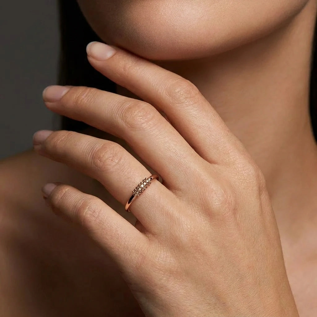 Cognac diamond pavé cluster band in 14K brown gold worn on hand — Black Pearl of Queens