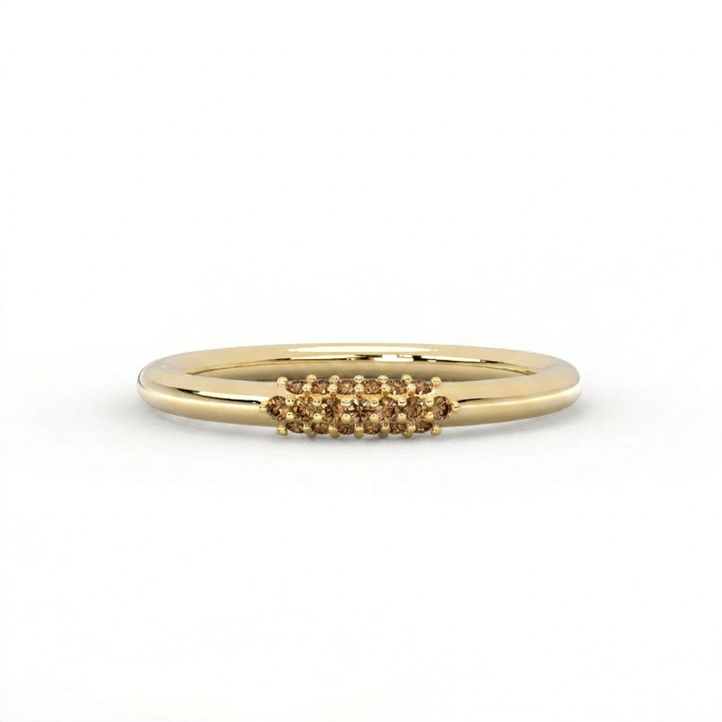 Natural cognac diamond pavé cluster band ring in 14K yellow gold, front view — Black Pearl of Queens