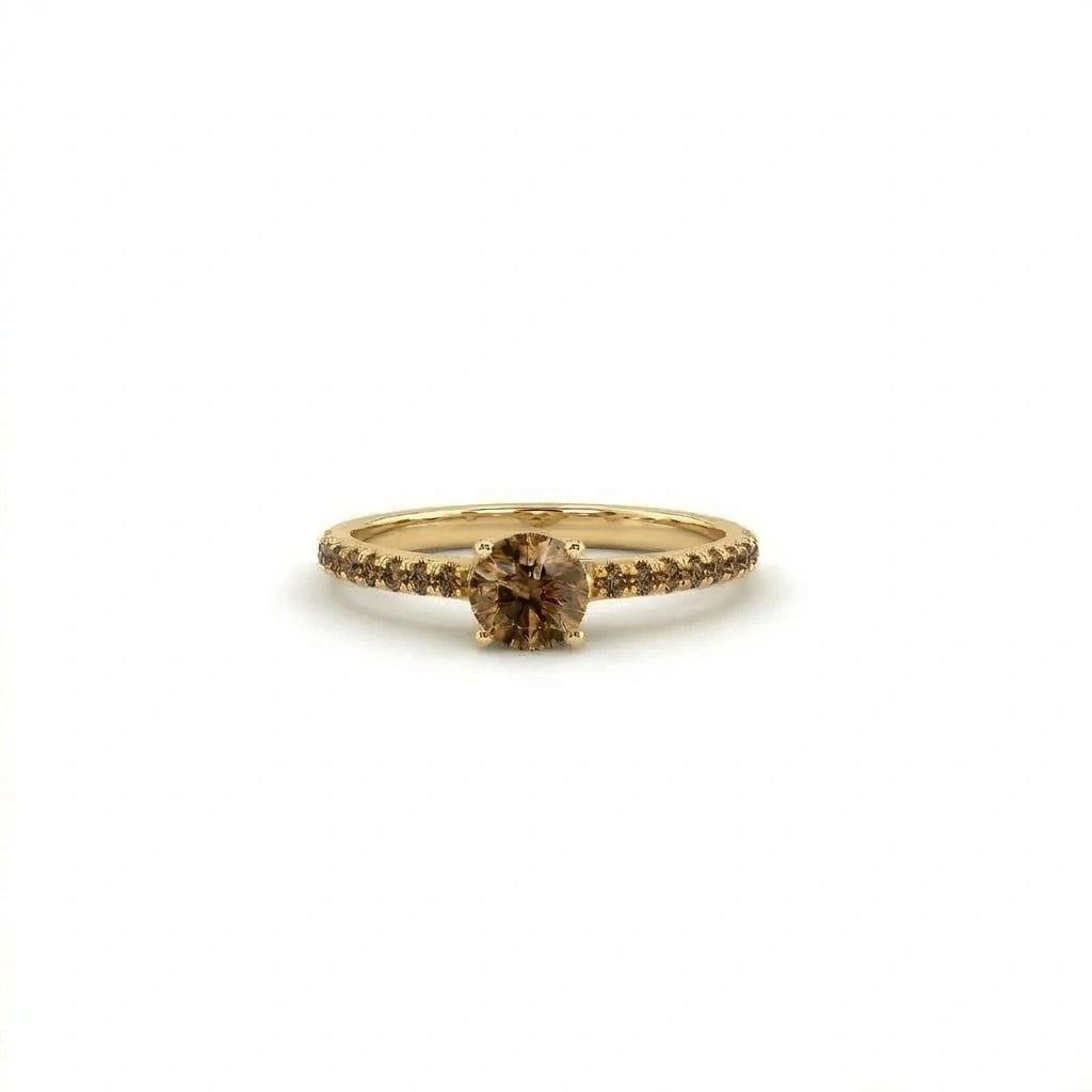 Round natural cognac diamond pavé engagement ring in 14K yellow gold, front view — Black Pearl of Queens