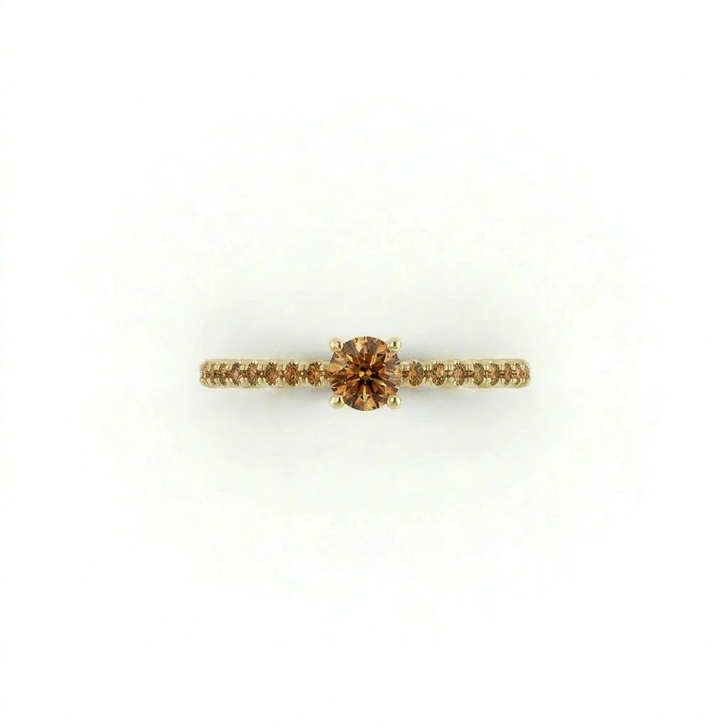 Cognac diamond pavé engagement ring in 14K yellow gold, top-down view — Black Pearl of Queens