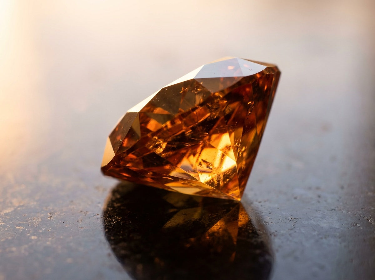 Large loose cognac diamond C6, deep amber-orange with internal fire, backlit on dark reflective surface — natural fancy color diamond, Cognac Diamond Guide by Black Pearl of Queens