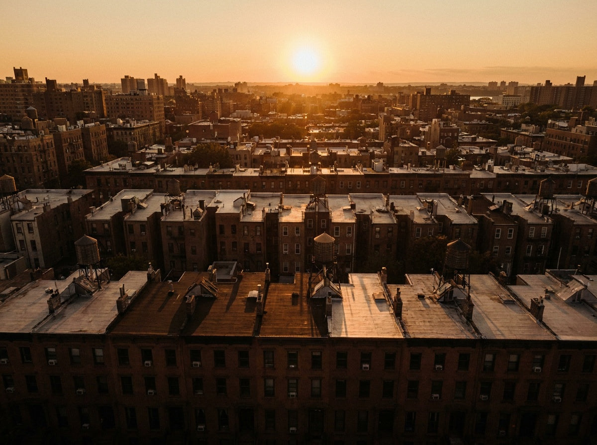 Aerial view of New York City brownstone rooftops at golden hour, warm amber sunset over brick buildings — The Brownstone Collection by Black Pearl of Queens
