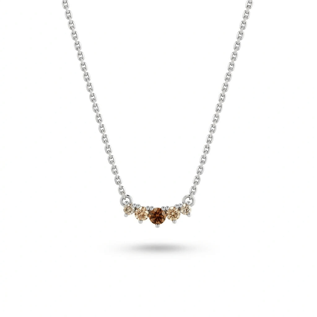 Graduated five-stone natural cognac and champagne diamond curved bar necklace in 14K white gold, front view — Black Pearl of Queens