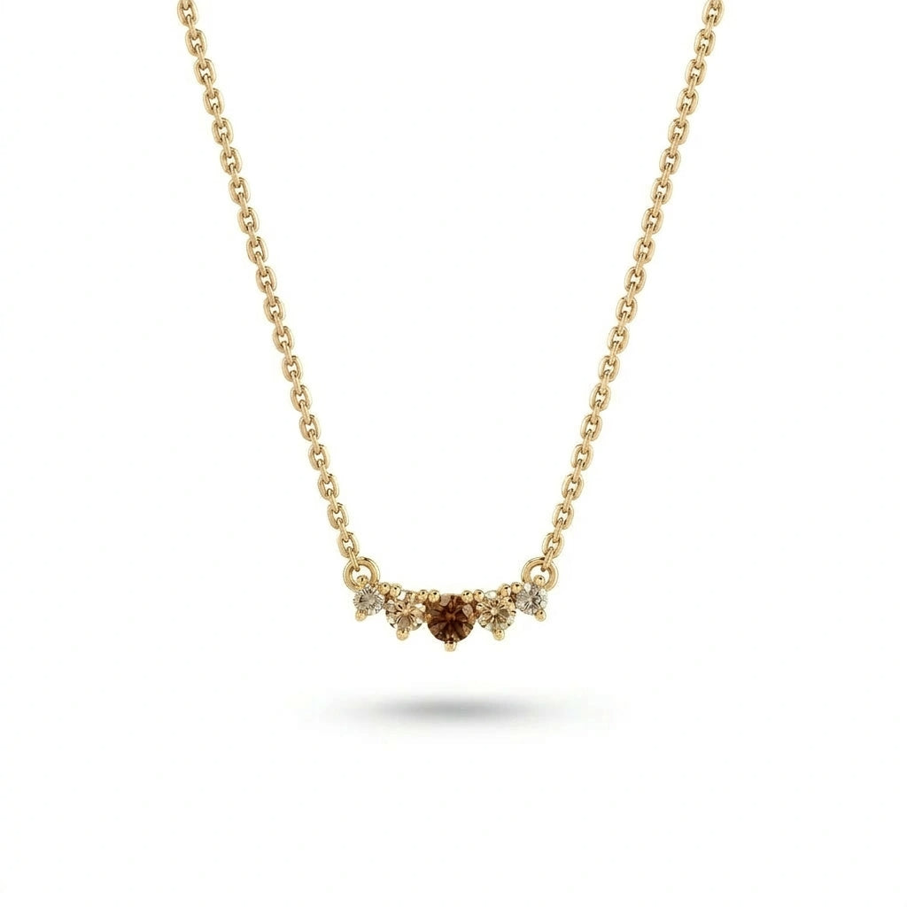 Graduated five-stone natural cognac and champagne diamond curved bar necklace in 14K yellow gold, front view — Black Pearl of Queens
