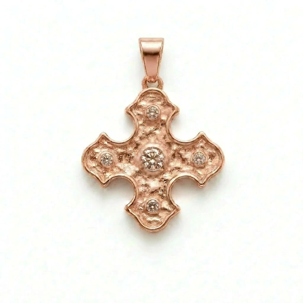 Natural champagne diamond Byzantine cross pendant in 14K rose gold — hand-textured solid gold, five bezel-set natural champagne diamonds, product view