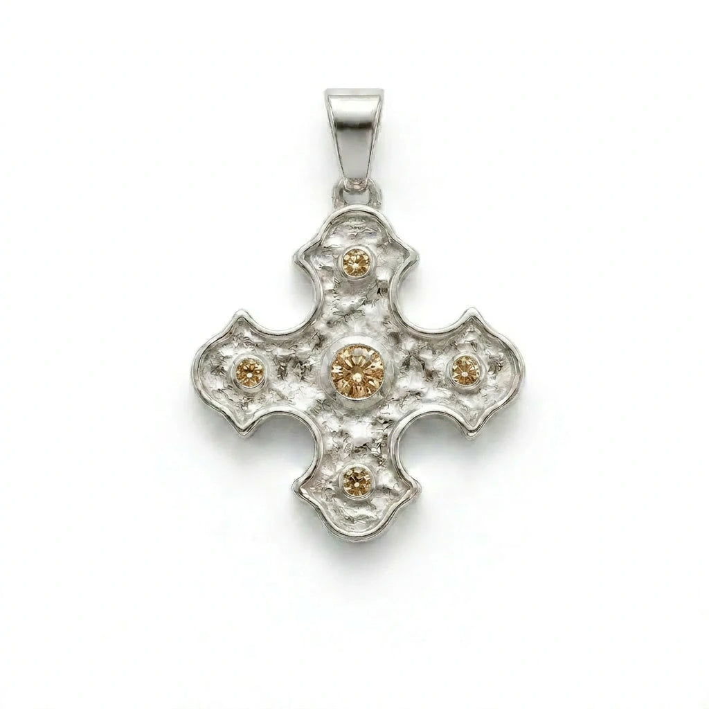 Natural champagne diamond Byzantine cross pendant in 14K white gold — hand-textured solid gold, five bezel-set natural champagne diamonds, product view