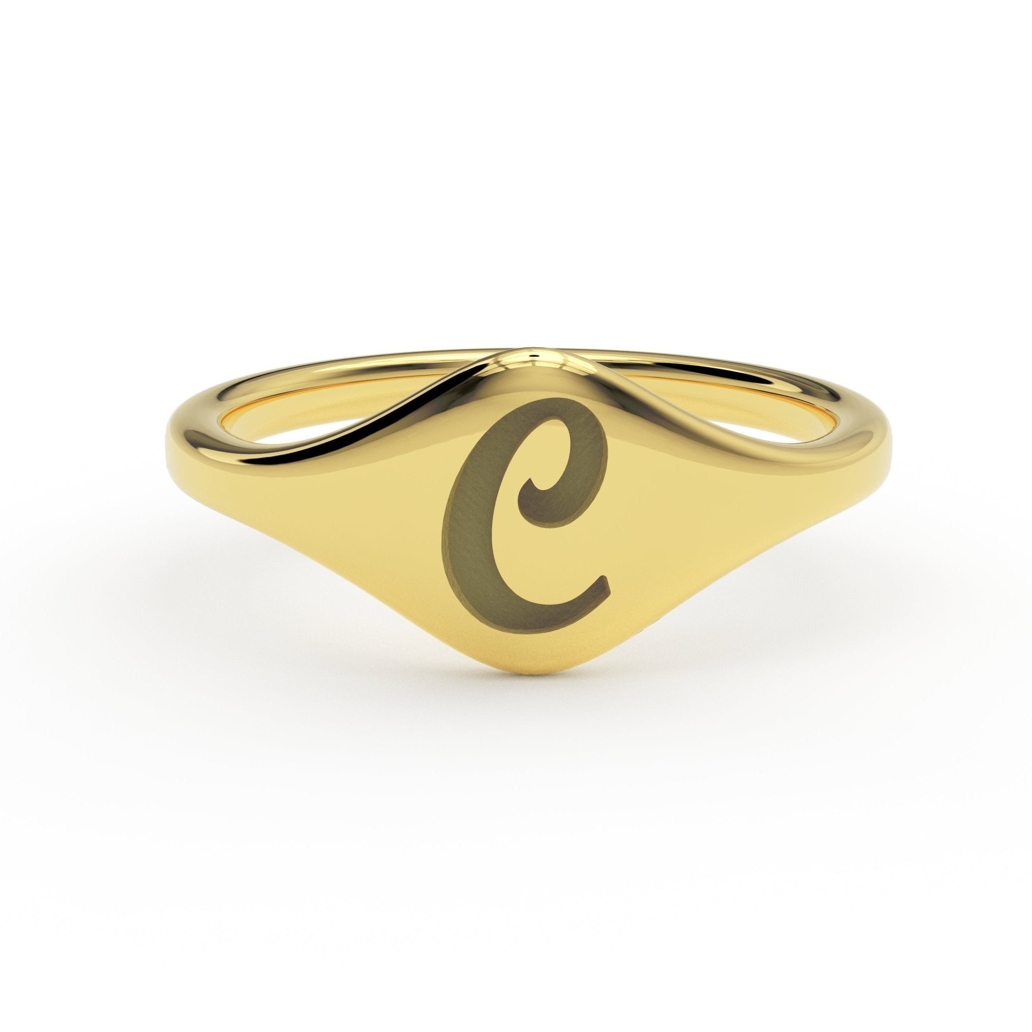C initial in cursive gold signet ring - Black Pearl of Queens