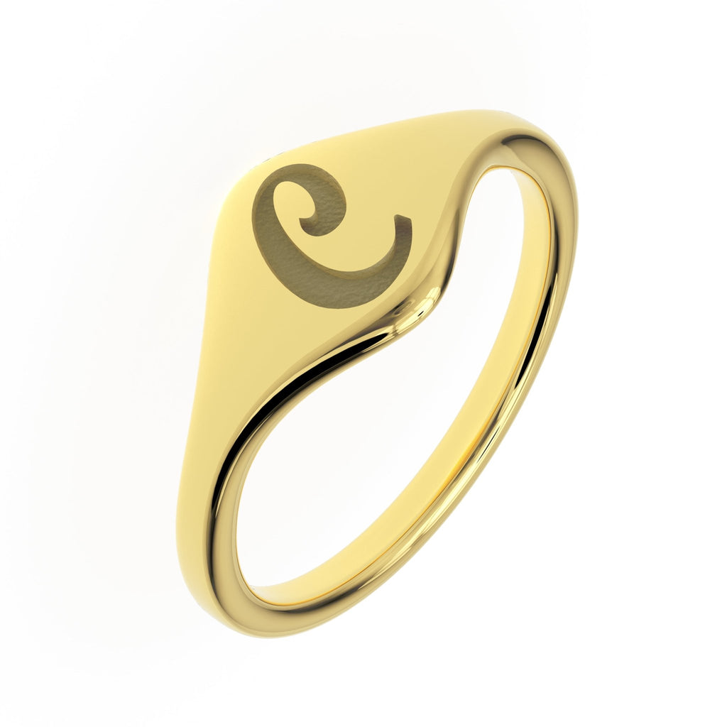 C initial cursive signet ring in solid 14K gold on a soft beige background