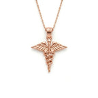 14K rose gold caduceus medical symbol pendant on cable chain, front view — Black Pearl of Queens