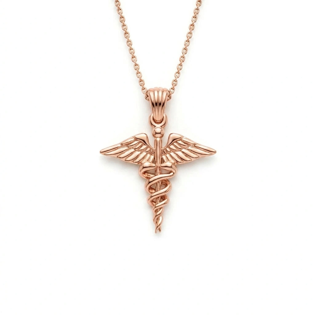 14K rose gold caduceus medical symbol pendant on cable chain, front view — Black Pearl of Queens