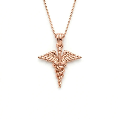 14K rose gold caduceus medical symbol pendant on cable chain, front view — Black Pearl of Queens