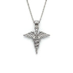 14K white gold caduceus medical symbol pendant on cable chain, front view — Black Pearl of Queens