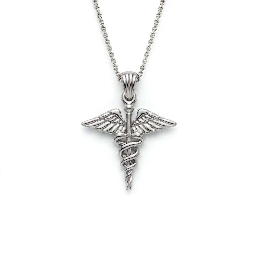 14K white gold caduceus medical symbol pendant on cable chain, front view — Black Pearl of Queens
