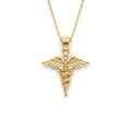 14K yellow gold caduceus medical symbol pendant on cable chain, front view — Black Pearl of Queens