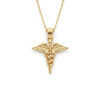 14K yellow gold caduceus medical symbol pendant on cable chain, front view — Black Pearl of Queens