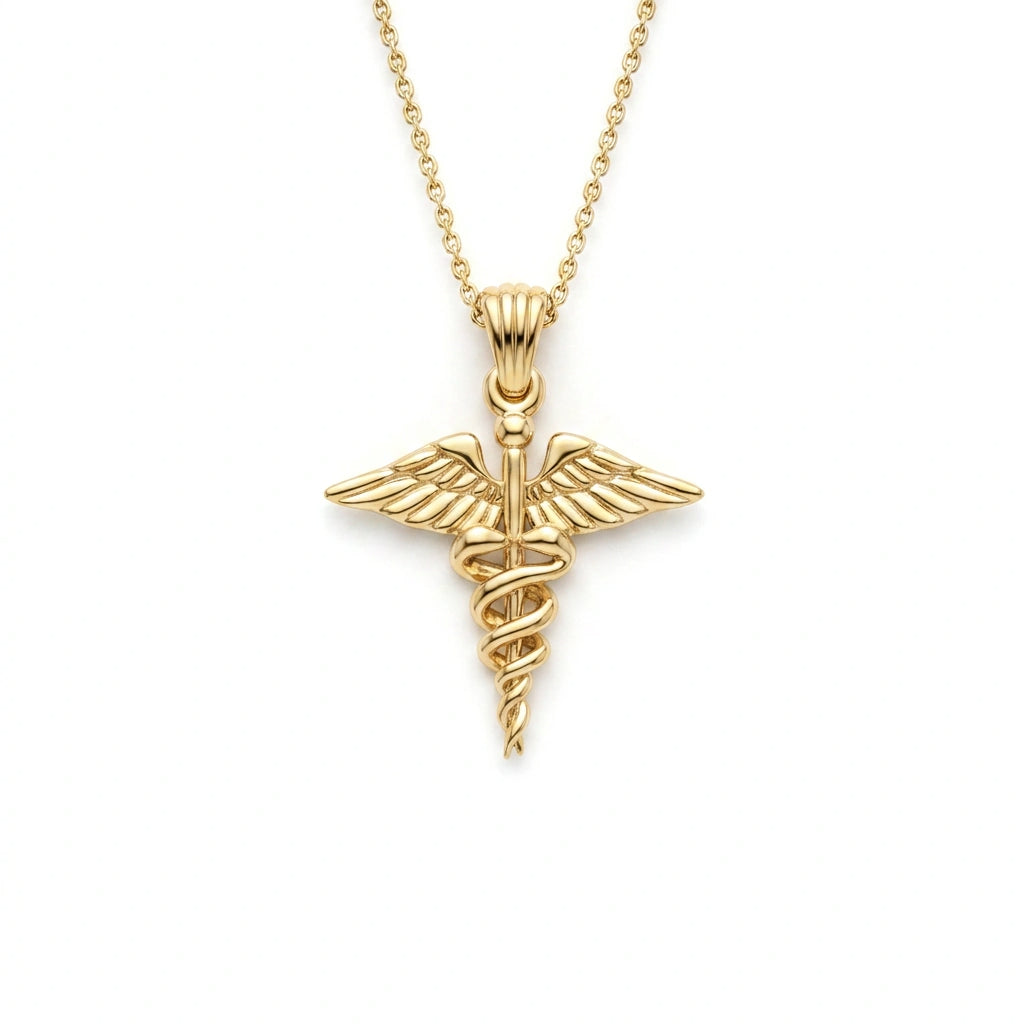 14K yellow gold caduceus medical symbol pendant on cable chain, front view — Black Pearl of Queens