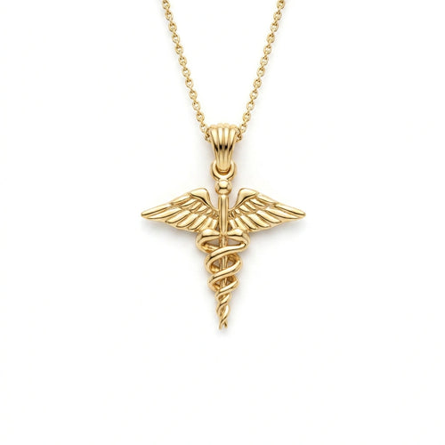 14K yellow gold caduceus medical symbol pendant on cable chain, front view — Black Pearl of Queens