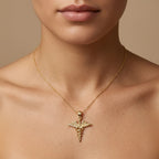 14K yellow gold caduceus medical pendant worn on model — Black Pearl of Queens