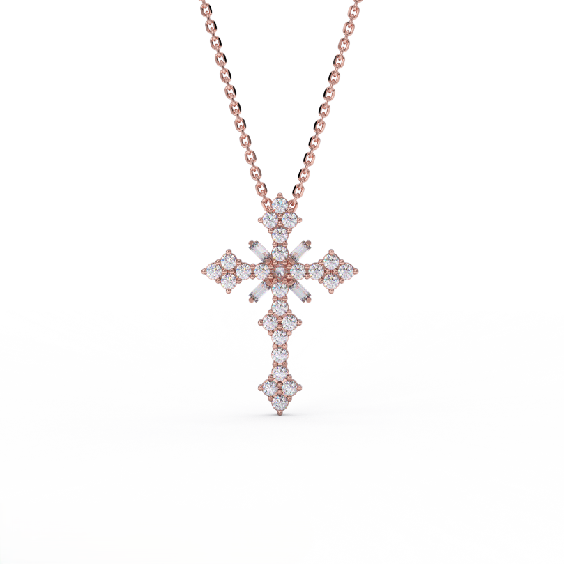 Celestial diamond cluster cross pendant in 14K rose gold - unique star pattern design